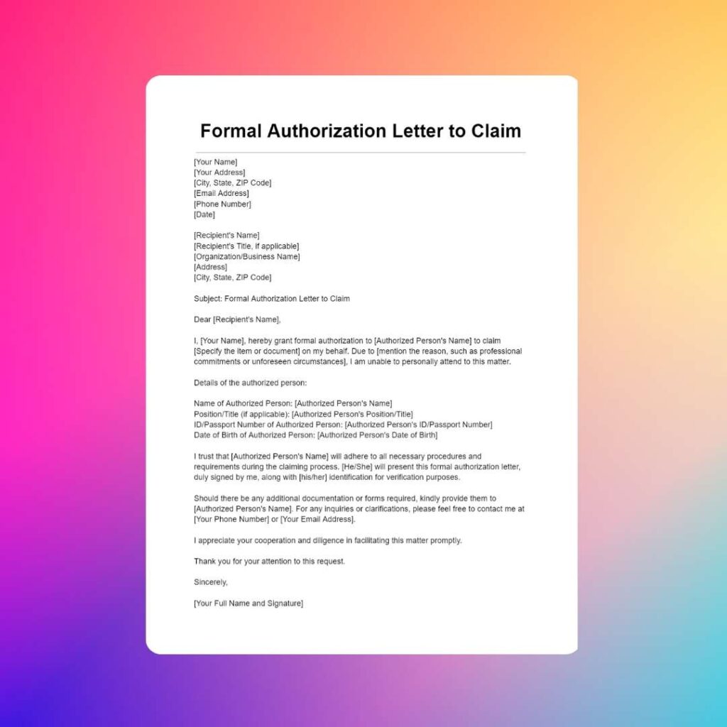 Formal Authorization Letter to Claim