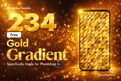 Collection of 234 free gold gradient Photoshop presets displayed as color swatches including light gold, antique gold, rose gold and metallic shimmer GRD files