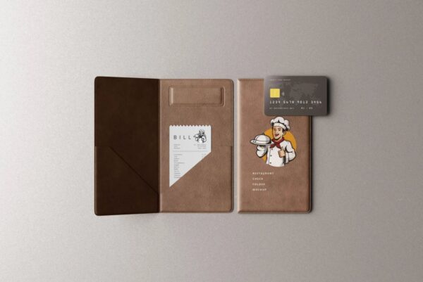 5 Restaurant Check Folder & Credit Card Mockups in Varied Shots 02