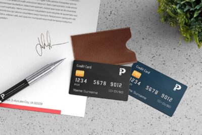 Top View Mockup of Two Credit Cards with Leather Holder