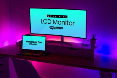 Free Ultra Wide Screen LCD Monitor and MacBook Pro Mockup