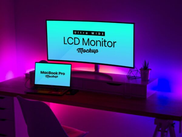 Free Ultra Wide Screen LCD Monitor and MacBook Pro Mockup