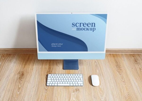 Free iMac Blue PSD Mockup 2