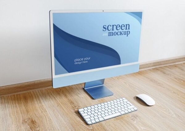 Free iMac Blue PSD Mockup - Image 3