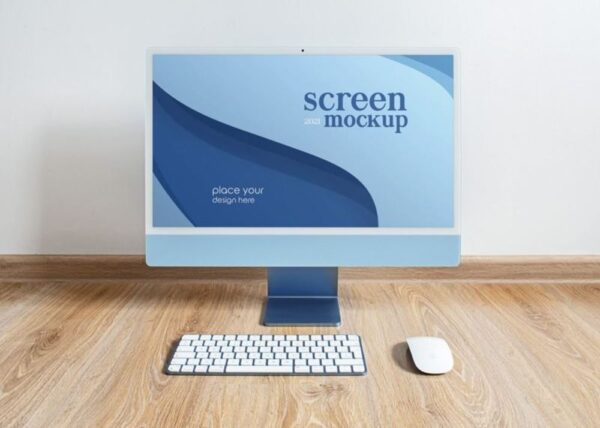 Free iMac Blue PSD Mockup