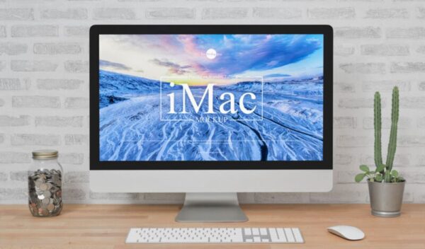 iMac Placing on Wooden Table Mockup